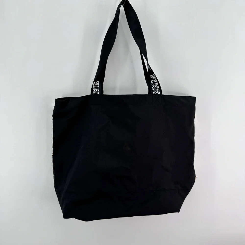 NWOT PINK By Victoria Secret Sequin Tote Bag Silver‎ Black Spellout straps - Picture 4 of 15